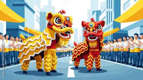 Vibrant lion dance in a festive urban parade setting