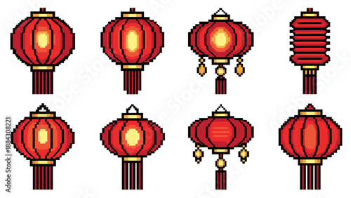 Pixel art chinese lanterns set in traditional red and gold for cultural celebrations