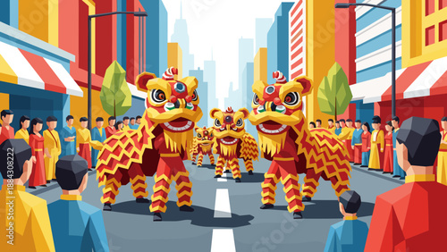 Vibrant urban dragon dance celebration with geometric style in city street