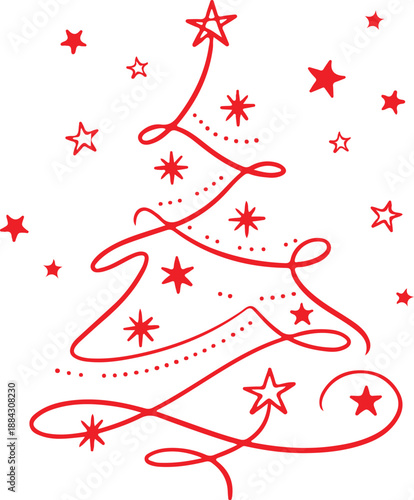 Swirling Christmas Tree – Red Stars and Lines in Festive Design, Swirling Christmas Tree, Red Star Holiday Design, Minimalist Festive Tree Illustration, Abstract Christmas Graphic, Decorative Holiday 