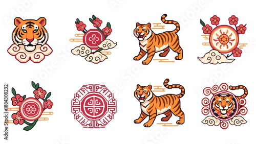 Pixel art tigers with floral and geometric designs featuring intricate patterns