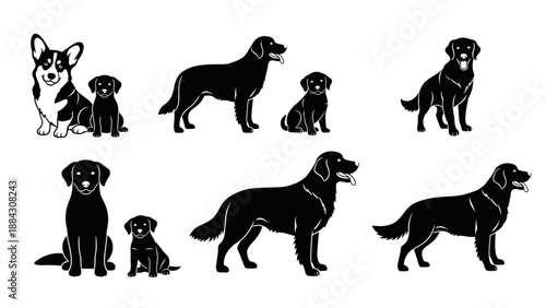 Collection of Black Dog Silhouettes in Various Poses.