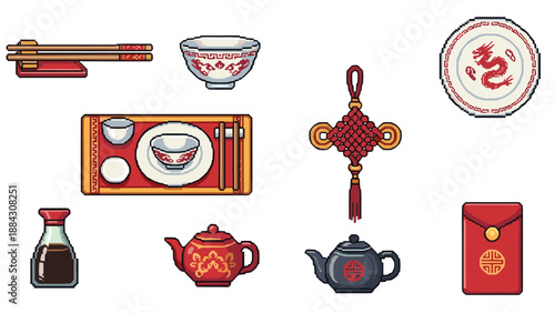 Pixel art chinese tea set and decor collection in traditional style