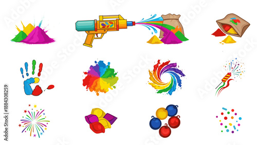 Colorful holi festival elements: water gun, powder, fireworks, and swirls