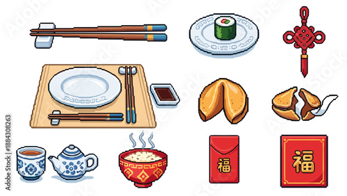 Retro pixel art of chinese cuisine and cultural symbols with fortune cookies and sushi
