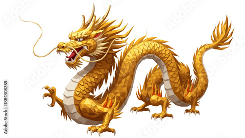 Golden geometric dragon with fierce expression and dynamic pose