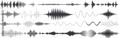 Creative audio waveform collection featuring sound waves, frequency signals, and abstract digital pulse shapes in vector style, isolated on white background for music production, interface design