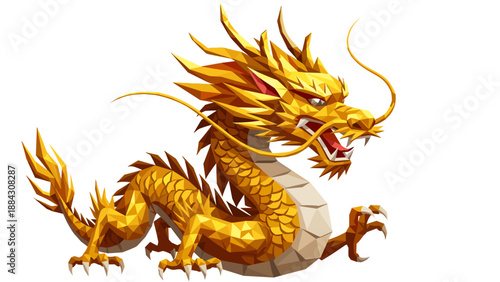 Golden geometric dragon with fierce expression in low poly style