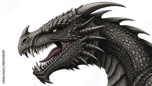 Detailed dragon head in profile view with intricate scales and fierce expression