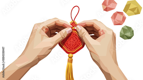 Hands crafting geometric origami ornament for festive decoration