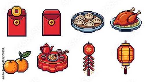 Pixel art chinese new year icons: lanterns, red envelopes, dumplings, tea, oranges, roast chicken