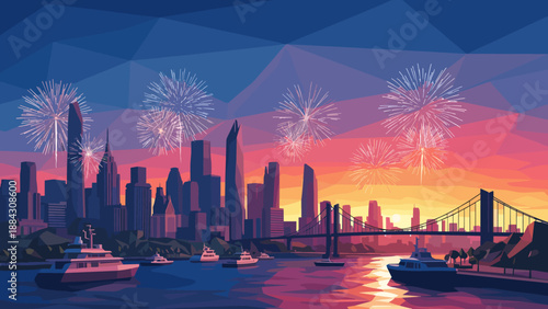 Geometric cityscape with fireworks at sunset over river and skyline