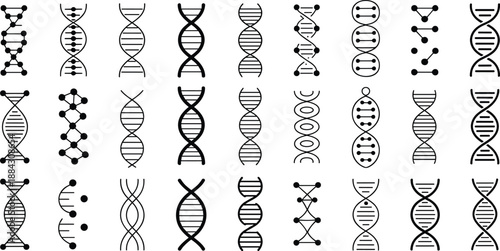Large set of black DNA double helix icons isolated on white background representing genetics, molecular biology, biotechnology concepts for medical research, education, infographic design