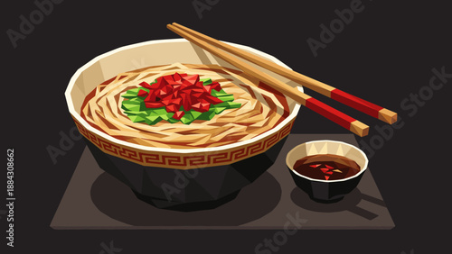 Low poly ramen bowl with chopsticks and sauce on black background