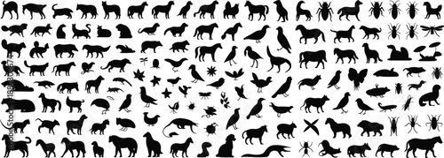 Massive collection of black animal, bird, and insect silhouettes arranged in rows as vector icons, isolated on white background for branding, printing, web design, and illustration projects.
