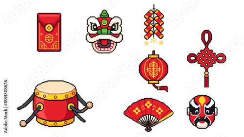 Pixel art chinese new year elements: lanterns, dragon mask, red envelope, traditional symbols