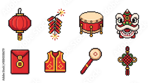 Pixel art chinese new year symbols: lanterns, drums, and lion dance