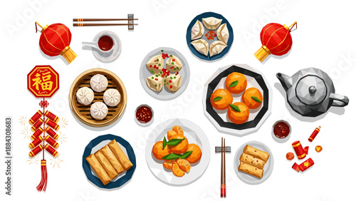 Traditional chinese new year feast with festive decorations and dumplings
