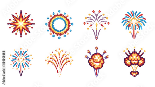 Festive pixel fireworks collection in vibrant colors for celebrations
