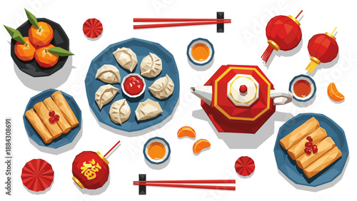 Low poly chinese new year feast with dumplings and lanterns