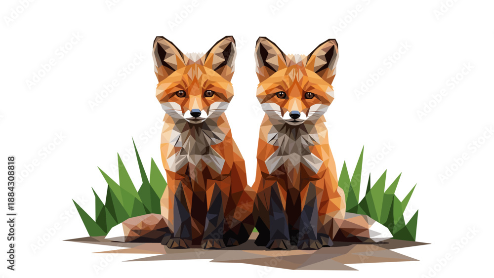 Fototapeta premium Geometric twin foxes with green foliage in low poly art style