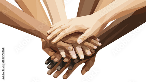 Unity and diversity concept with geometric hands stacked together in low poly art style