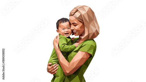Colorful polygonal art of mother embracing smiling infant in green attire