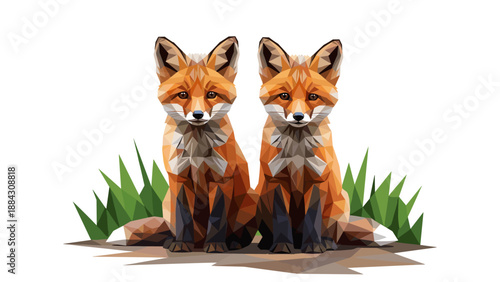 Geometric twin foxes with green foliage in low poly art style