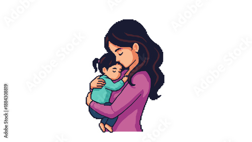 Pixel art family love: mother embracing child in tender moment