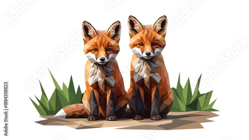Geometric fox pair in low poly art with grass background