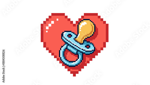 Pixel art heart with pacifier: retro love and parenting theme