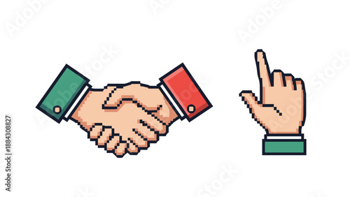 Pixel art handshake and pointing gesture with retro style and vibrant colors