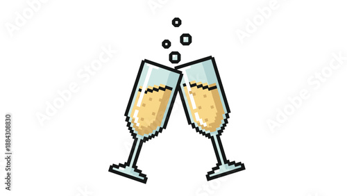 Pixel art champagne glasses celebration with bubbles