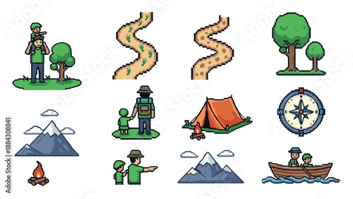 Pixel art adventure: hiking, camping, and nature exploration icons