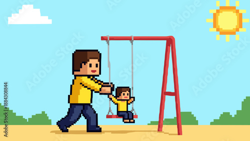 Pixel art father and child on swing in bright playground scene