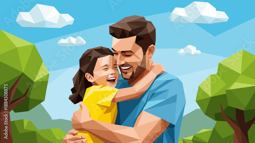Geometric art: father and daughter hugging in nature's embrace