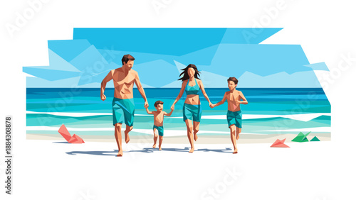 Happy family enjoying a beach day in geometric style artwork