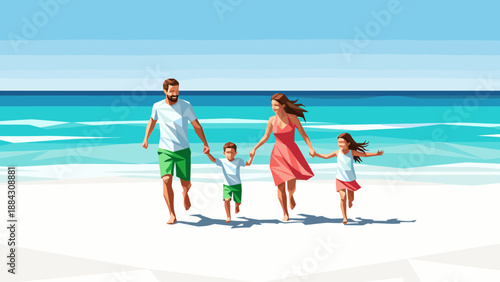 Family enjoying a sunny beach day in minimalist geometric art style