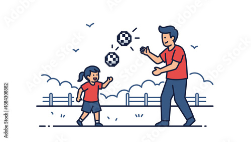 Father and daughter playing soccer in park - line art family fun