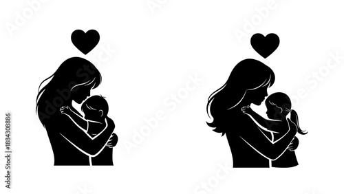 Silhouette of mother and child embracing with heart symbol