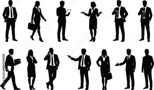Business people silhouette set, professional men and women in formal wear, office communication, corporate leadership poses vector illustration