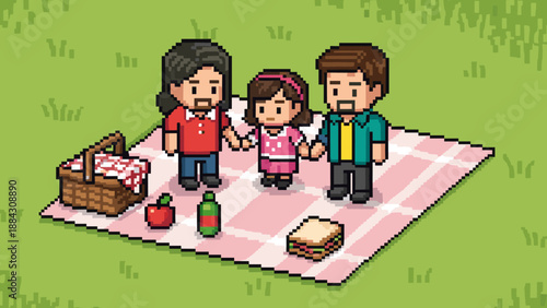 Pixel art family picnic: nostalgic outdoor gathering with basket and food