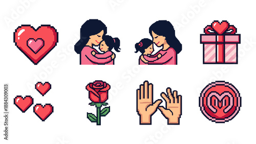 Pixel art symbols of love and family: heart, mother, child, gift, and rose icons
