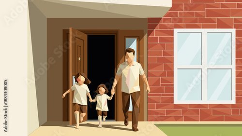 Family exiting home through wooden door in geometric art style