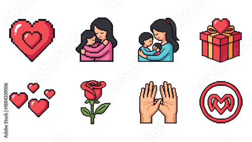 Pixel art mother and child embrace with love symbols and icons