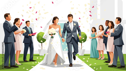 Elegant wedding ceremony with bride and groom walking down aisle amid celebrating guests