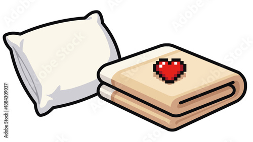 Pixel art pillow and blanket with heart icon on cozy bed