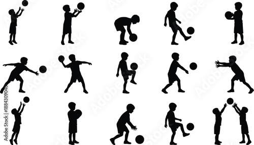 Children playing with ball silhouette set, kids throwing catching kicking ball poses, active childhood outdoor sport vector illustration