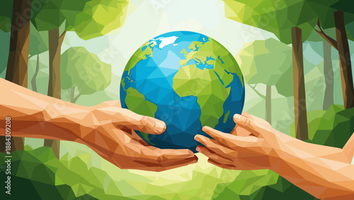 Low poly style hands holding earth globe in green forest environment for eco-friendly themes