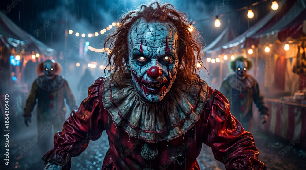 Fototapeta premium Terrifying evil clown walking through haunted carnival at night with glowing eyes and horror atmosphere.
